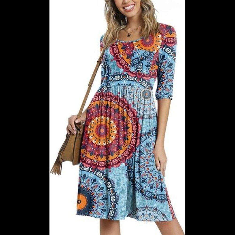 Women's 3/4 Sleeve 2022 Casual High Waist Round Neck Midi Dress with Pockets
